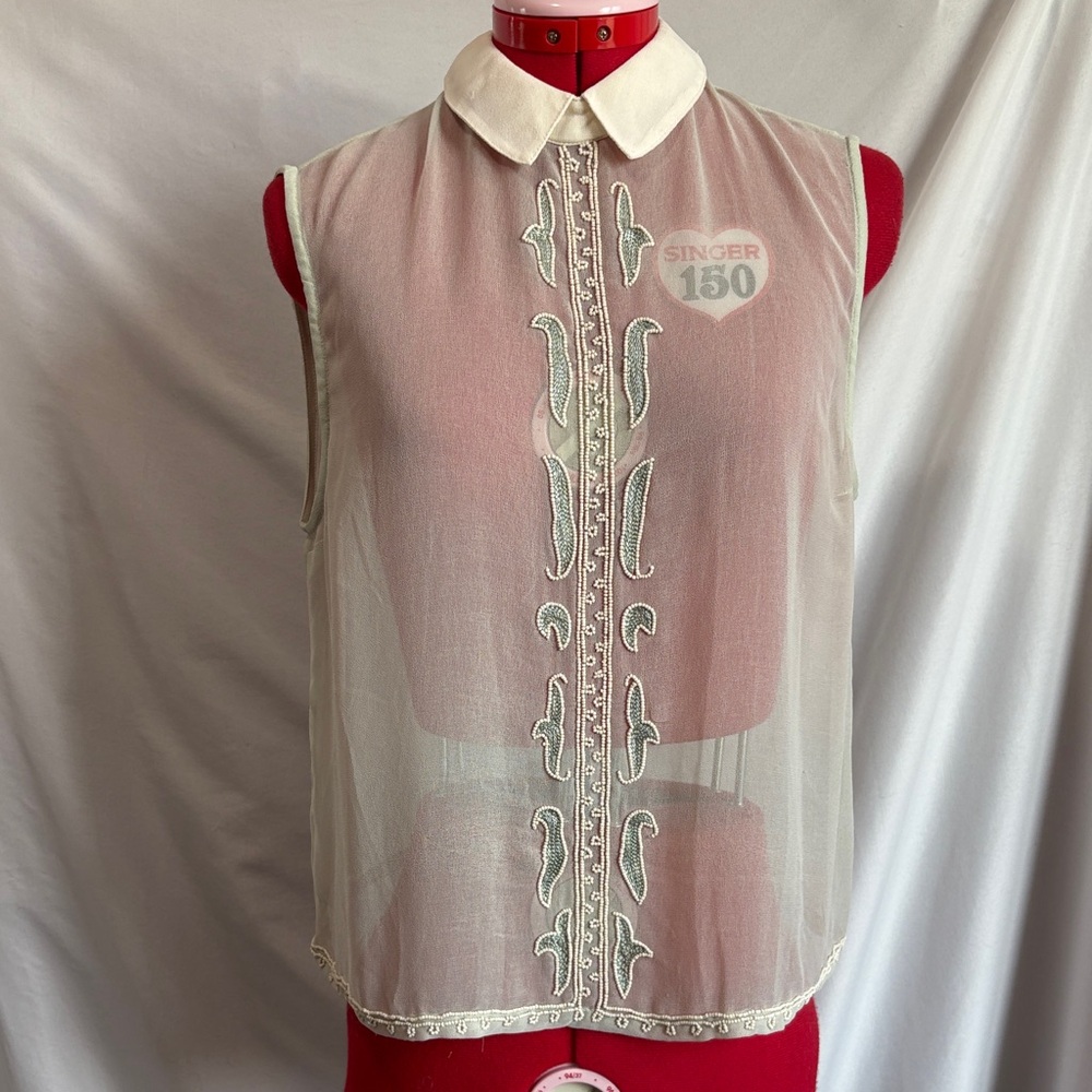 Topshop Sheer Ivory Embroidered Sleeveless Blouse
